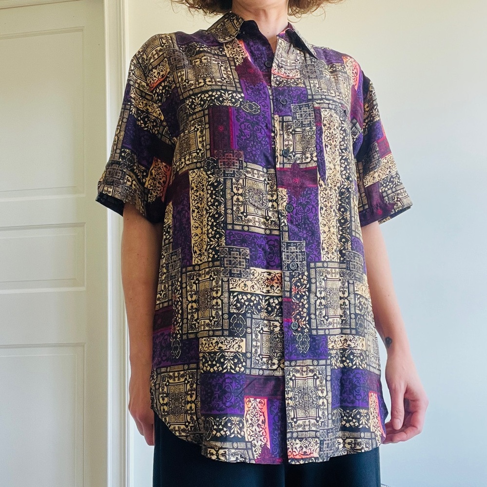 90s NWT Silk Blouse Vintage Print M